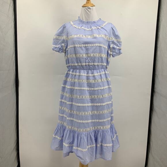 J Crew Dress Womens 6 Sky Blue White Cotton Puff Sleeve Daisy Chain Flounce Hem - Picture 2 of 12